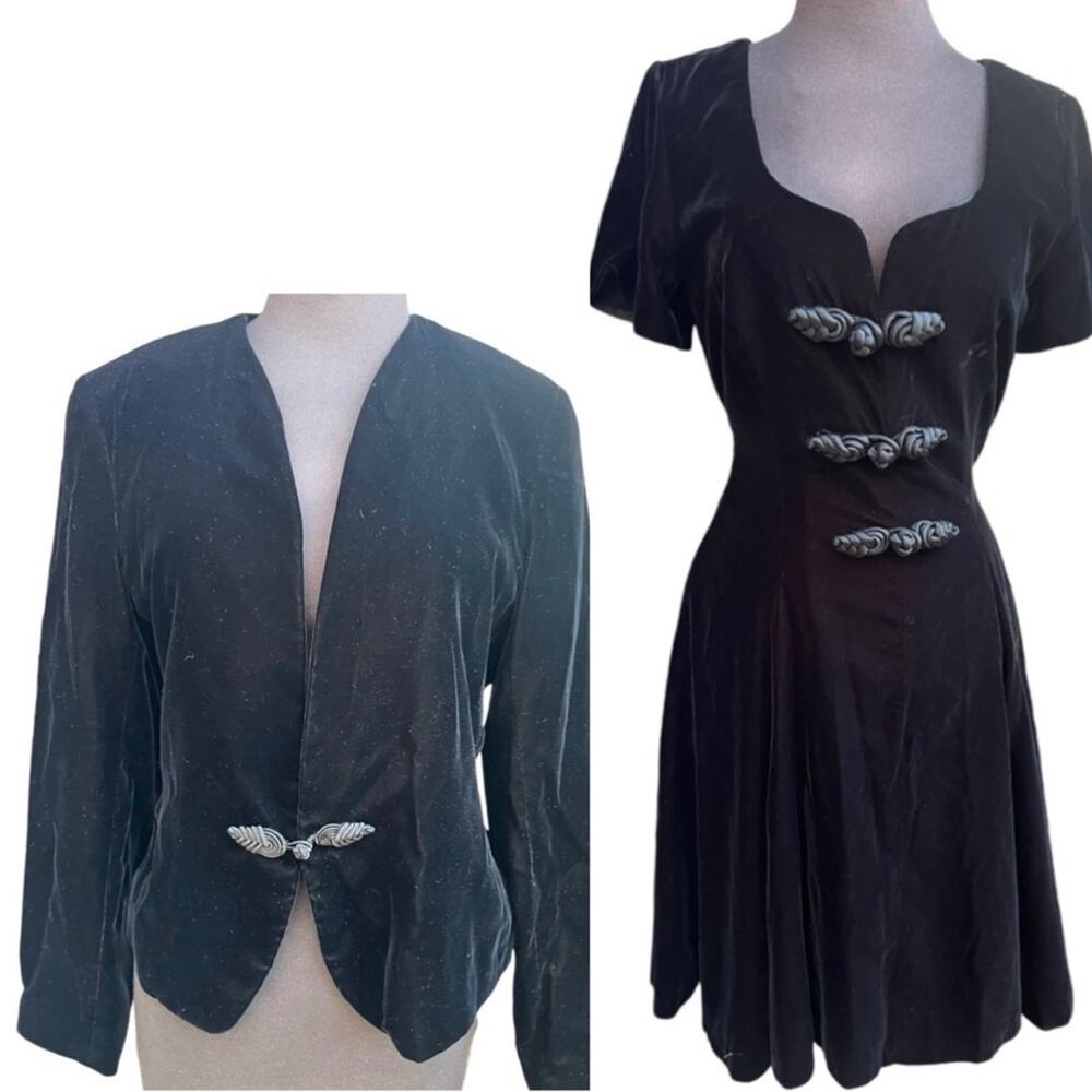 Vtg 90s Asian Inspired Black Velvet Whimsigoth Dark Fairy Dress Jacket Coord Set